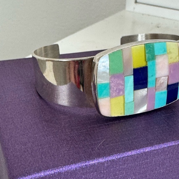 Colorful Mosaic Gemstone wrapped in Sterling Silver Cuff Bracelet - Picture 2 of 5